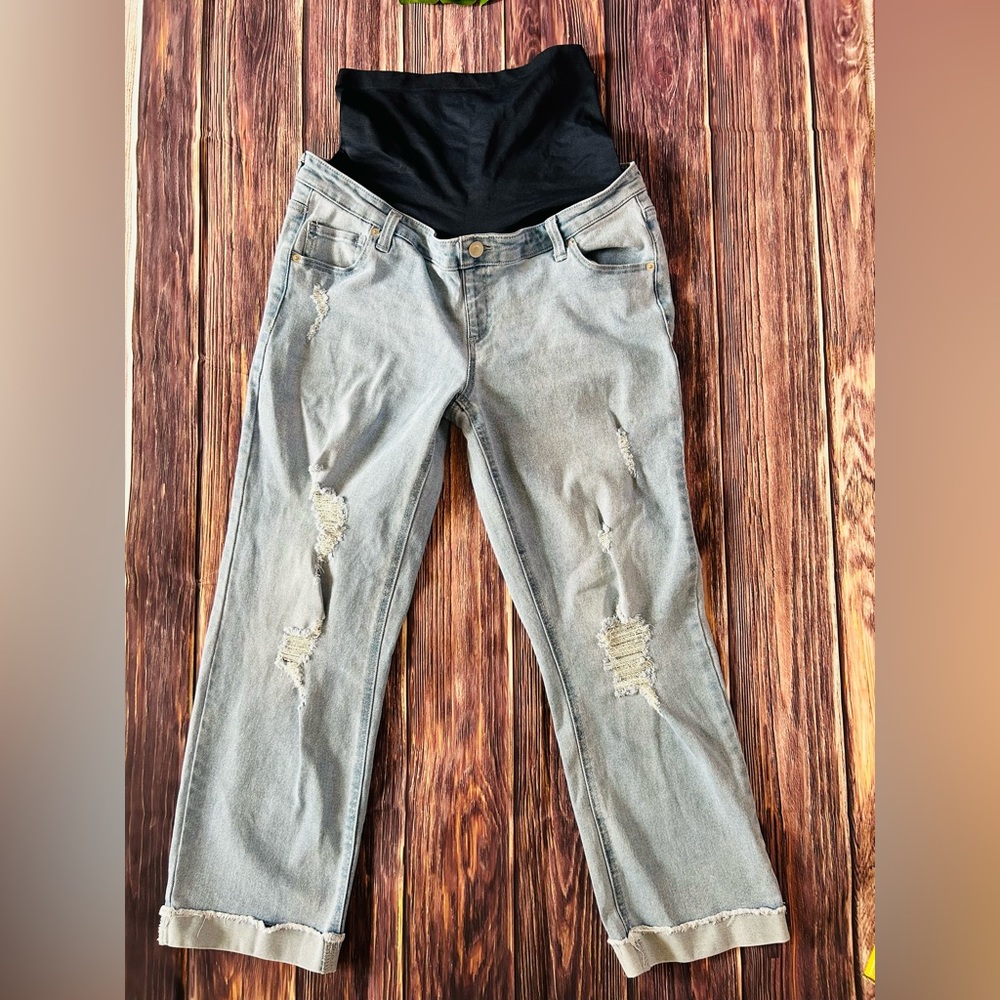 Time and Tru Maternity Light Wash Elastic Waist Distressed Jeans Size L